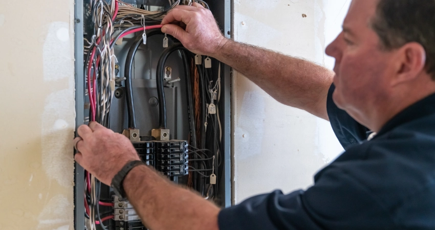 Technician working on electrical breaker box and an Electric Panel