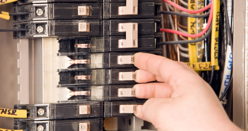 Man operating circuit breakers in electrical panel