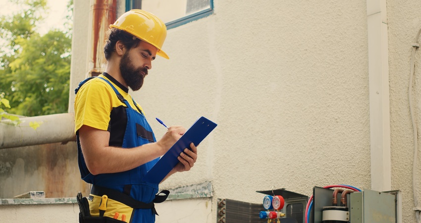 Electrician performing an electrical inspection Lawrenceville GA with safety gear and a checklist.