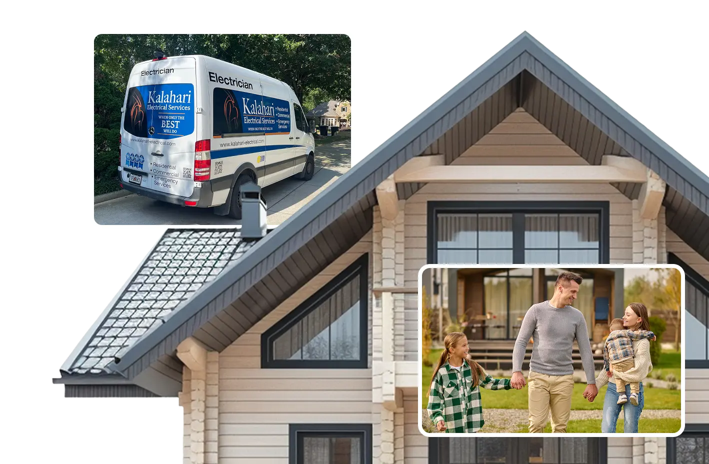 Trusted home electrical services with family home and electrician van representing safety and reliability