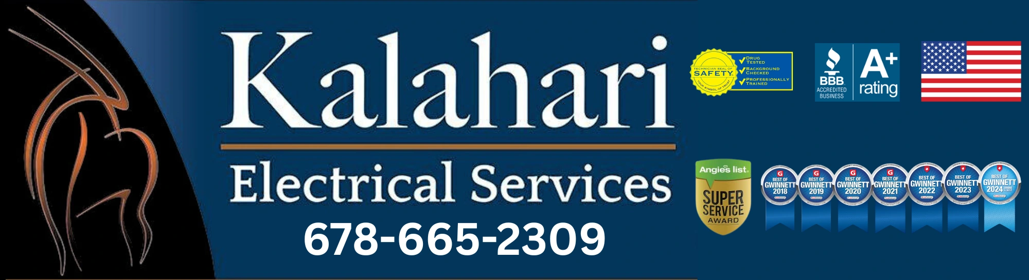 Kalahari Electrical Services banner with logo, phone number, certifications, and Best of Gwinnett awards