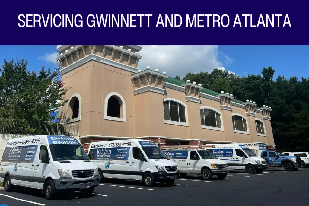 Kalahari Electrical Services commercial building with branded service vehicles providing residential, commercial, and emergency electrical services in Metro Atlanta
