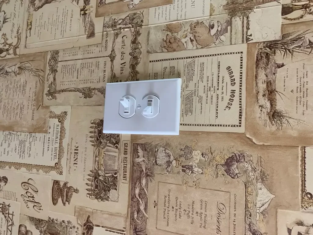 Modern white electrical outlet with dual switches set against vintage restaurant menu wallpaper