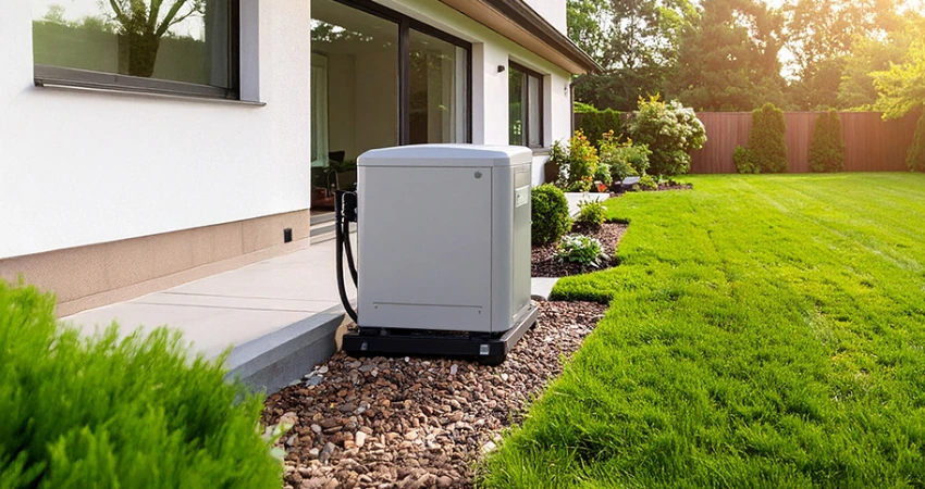 A standby generator in Atlanta installed beside a modern home with a landscaped yard, ready to provide backup power.