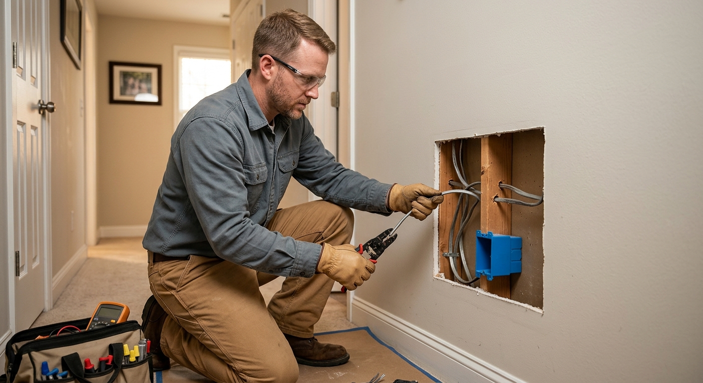 Electrician replacing old aluminum wiring inside an opened wall in a metro Atlanta home